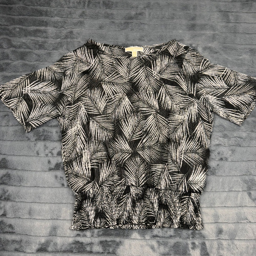 Michael Michael Kors Palm Leaf Smocked Hem Metallic Blouse Black White Large